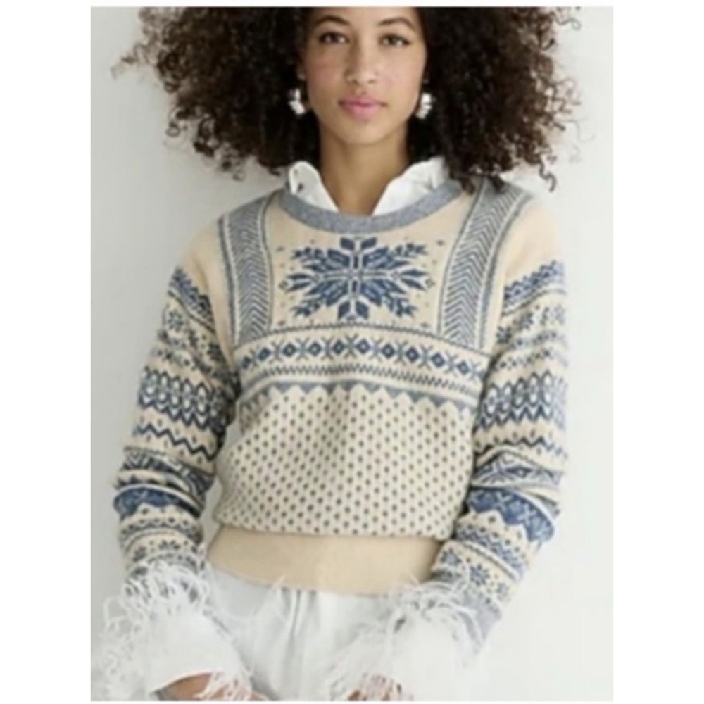 J Crew Fair Isle Crewneck Sweater Snowflake Merino Wool Alpaca SZ Large Cabin